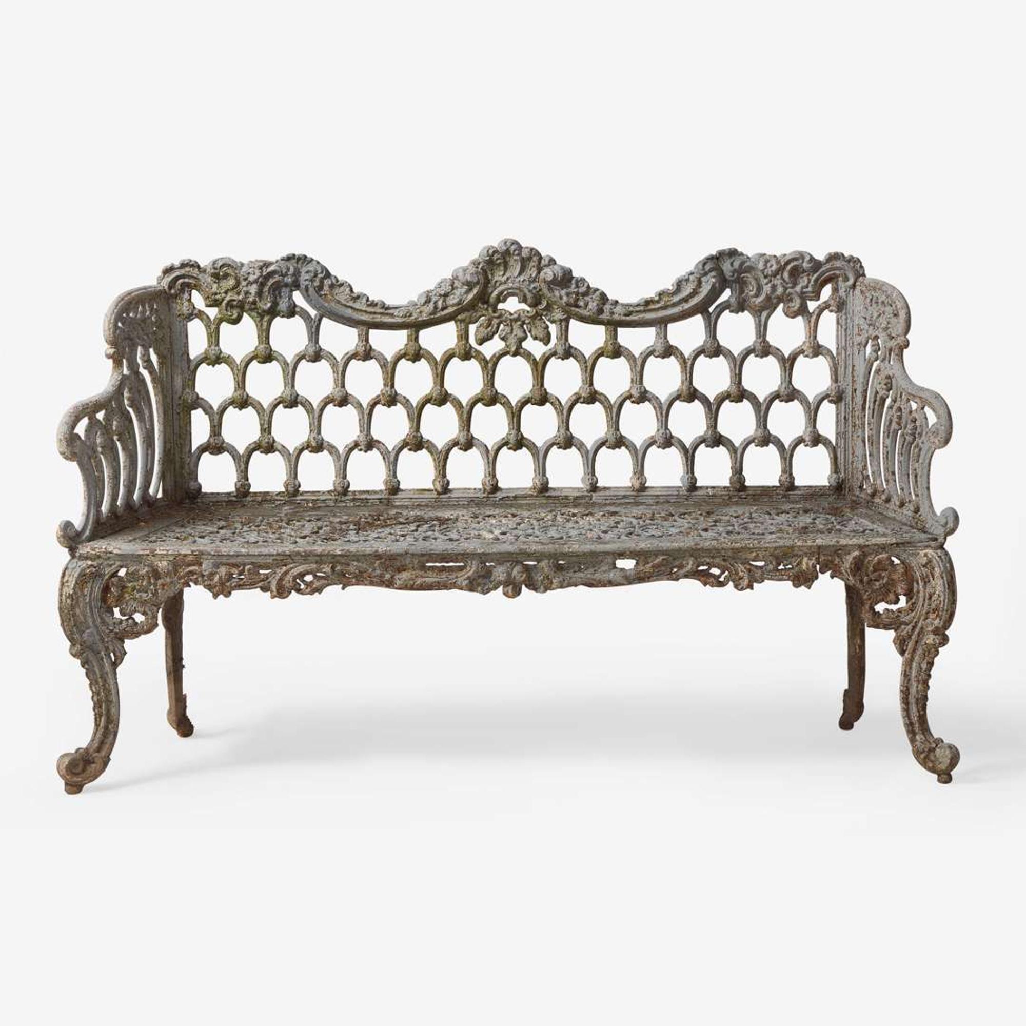 A pair of black-painted cast iron garden armchairs and bench Jacob Sobers, Philadelphia, PA, and John Mclean, New York, NY, late 19th century