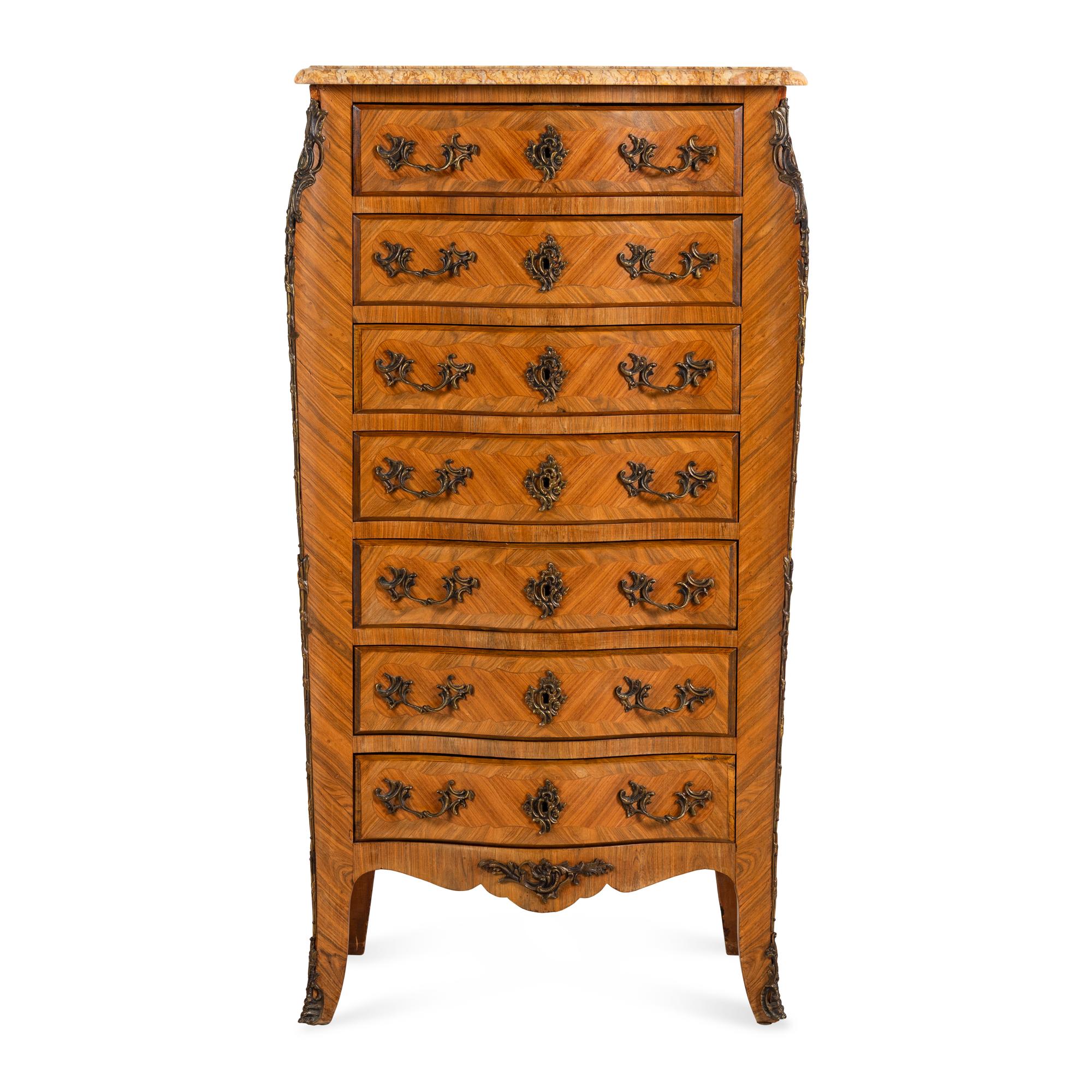 A Louis XV Style Gilt Metal Mounted Parquetry Marble-Top Semainier