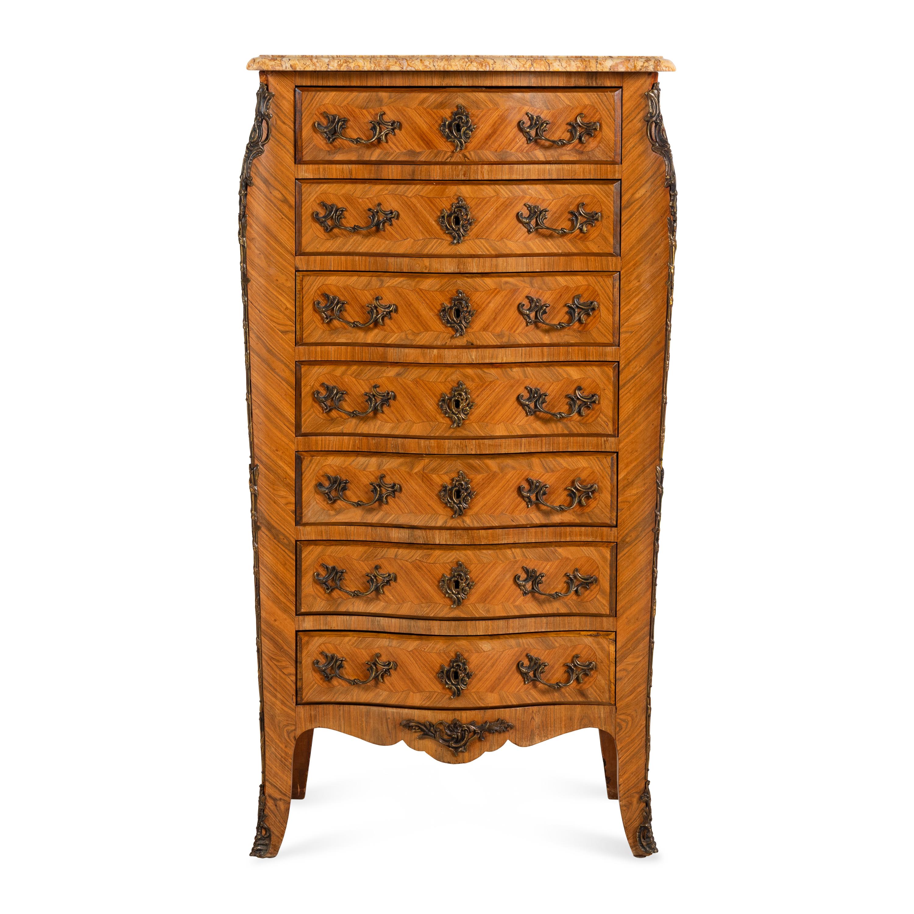 A Louis XV Style Gilt Metal Mounted Parquetry Marble-Top Semainier