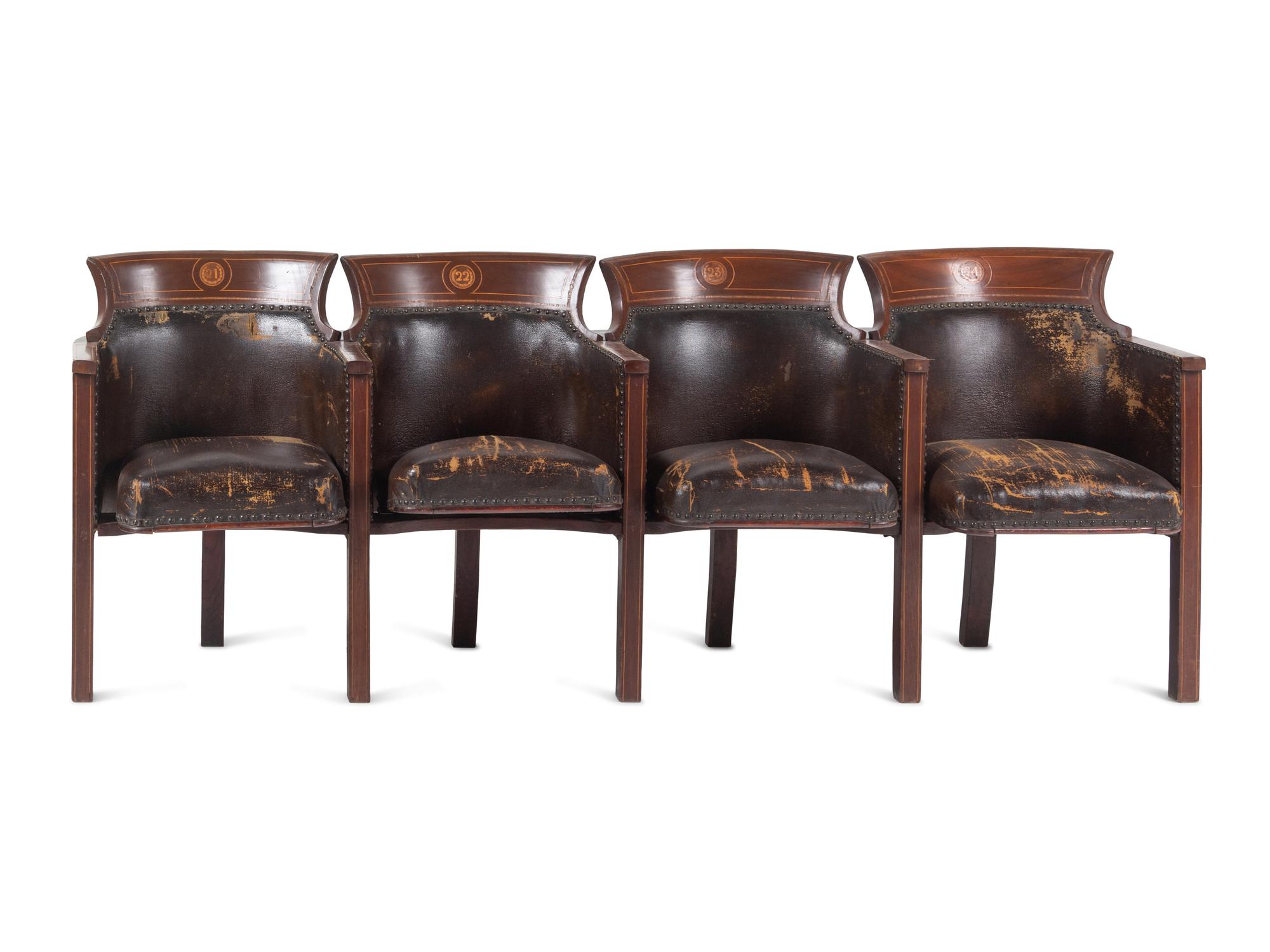 Two Sets of Four Inlaid Mahogany Theater Seats