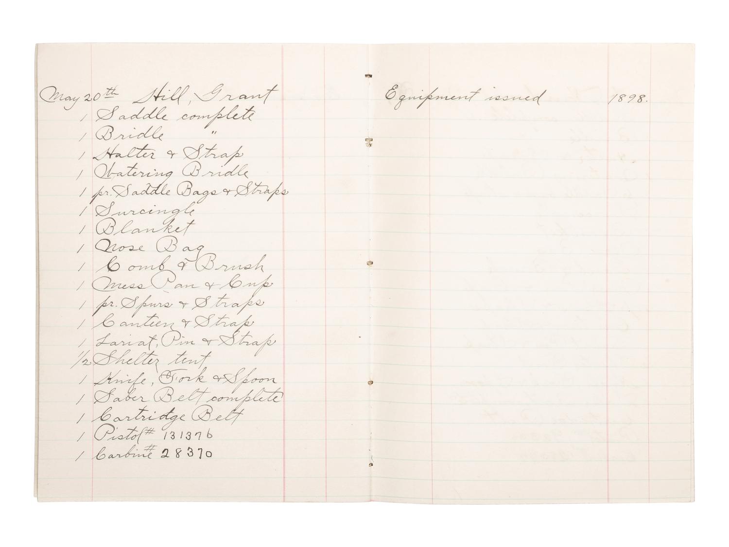 [SPANISH-AMERICAN WAR]. Equipment notebook for 1st U.S. Volunteer Cavalry, Troop E, the "Rough Riders." N.p.: Department of the Interior, U.S. Indian Service, 20 May 1898.