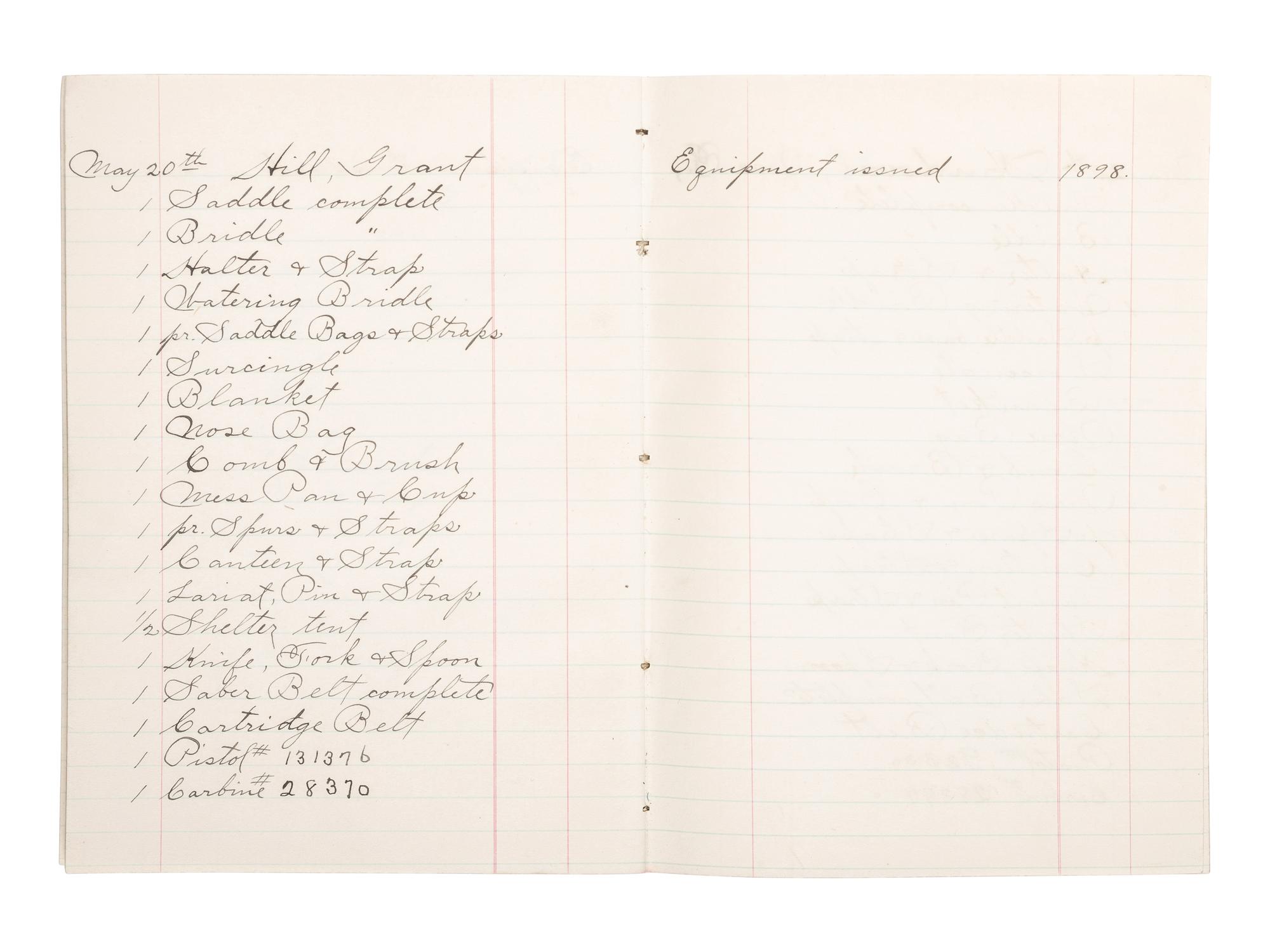 [SPANISH-AMERICAN WAR]. Equipment notebook for 1st U.S. Volunteer Cavalry, Troop E, the "Rough Riders." N.p.: Department of the Interior, U.S. Indian Service, 20 May 1898.