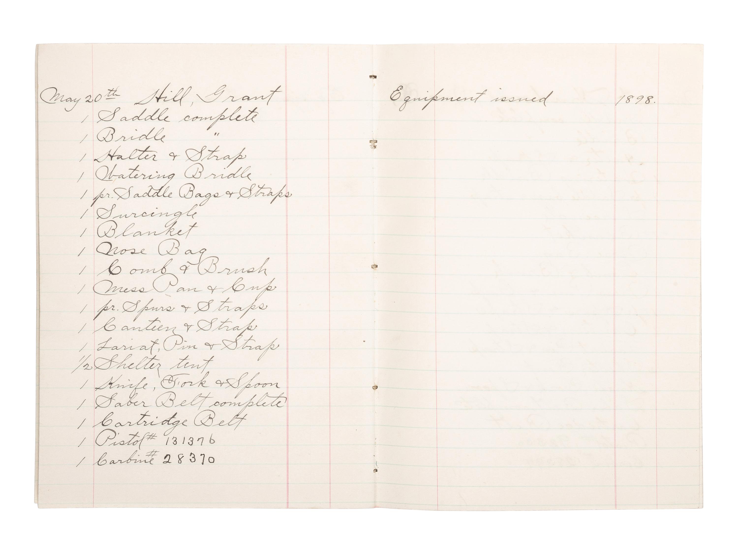 [SPANISH-AMERICAN WAR]. Equipment notebook for 1st U.S. Volunteer Cavalry, Troop E, the "Rough Riders." N.p.: Department of the Interior, U.S. Indian Service, 20 May 1898.