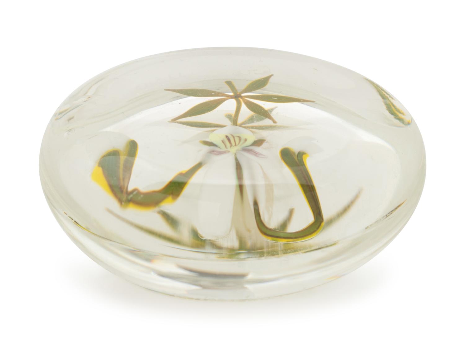A White Flower with Two Buds Botanical Glass Paperweight