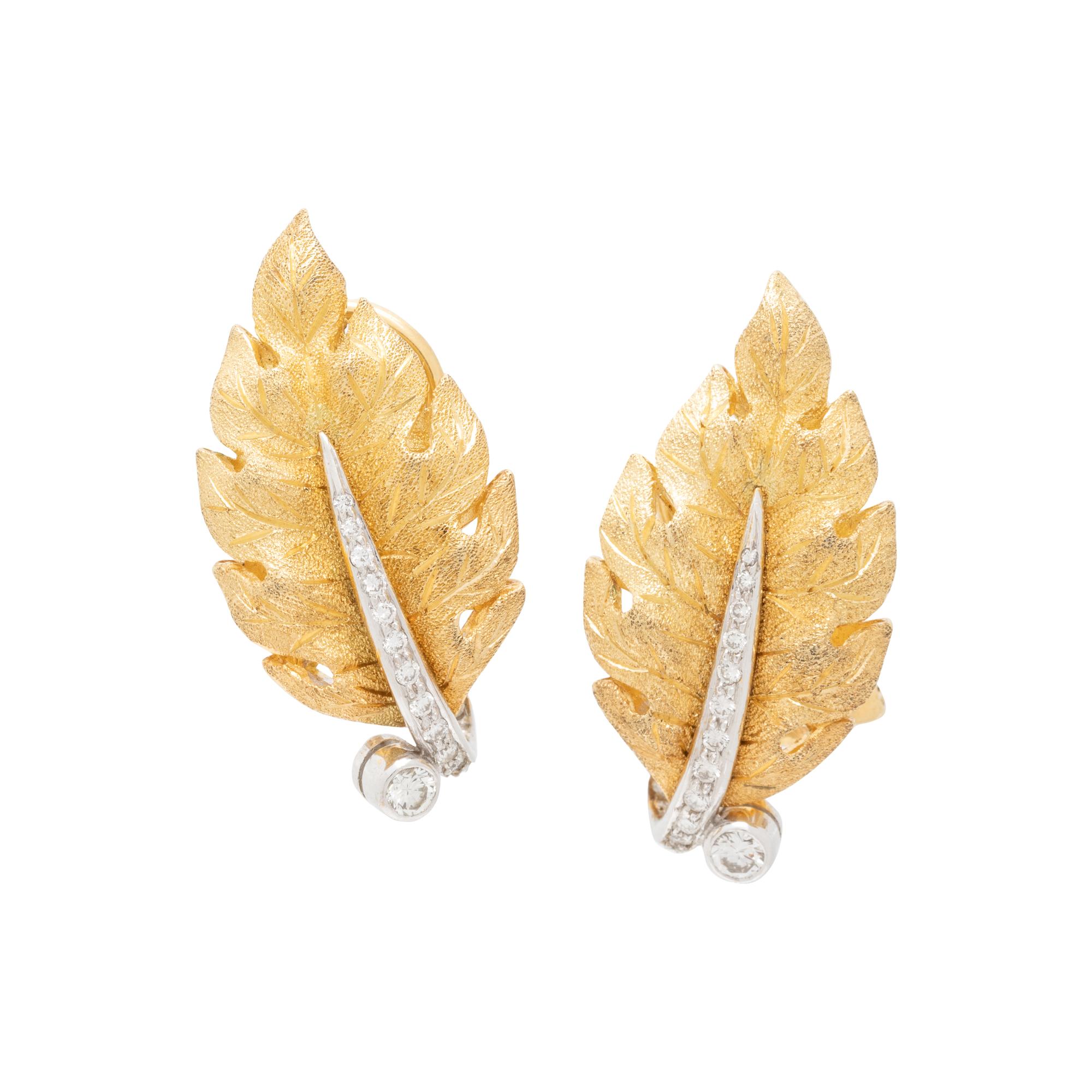 YELLOW GOLD AND DIAMOND LEAF EARRINGS