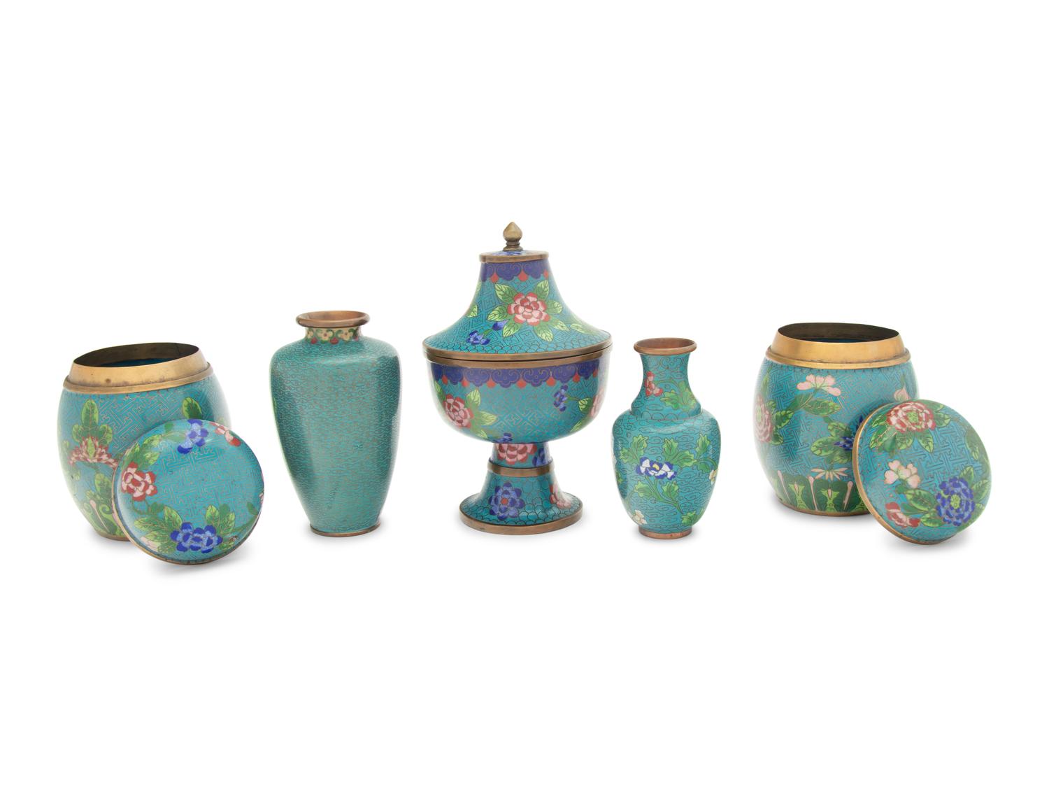 Five Chinese Turquoise Ground Cloisonné Enamel Articles