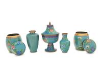 Five Chinese Turquoise Ground Cloisonné Enamel Articles