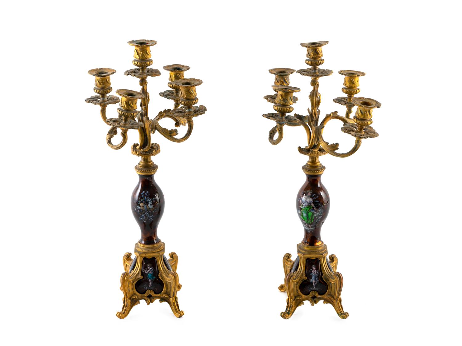 A Pair of Louis XVI Style Bronze Mounted Enamel Four-Light Candelabra — 19TH CENTURY