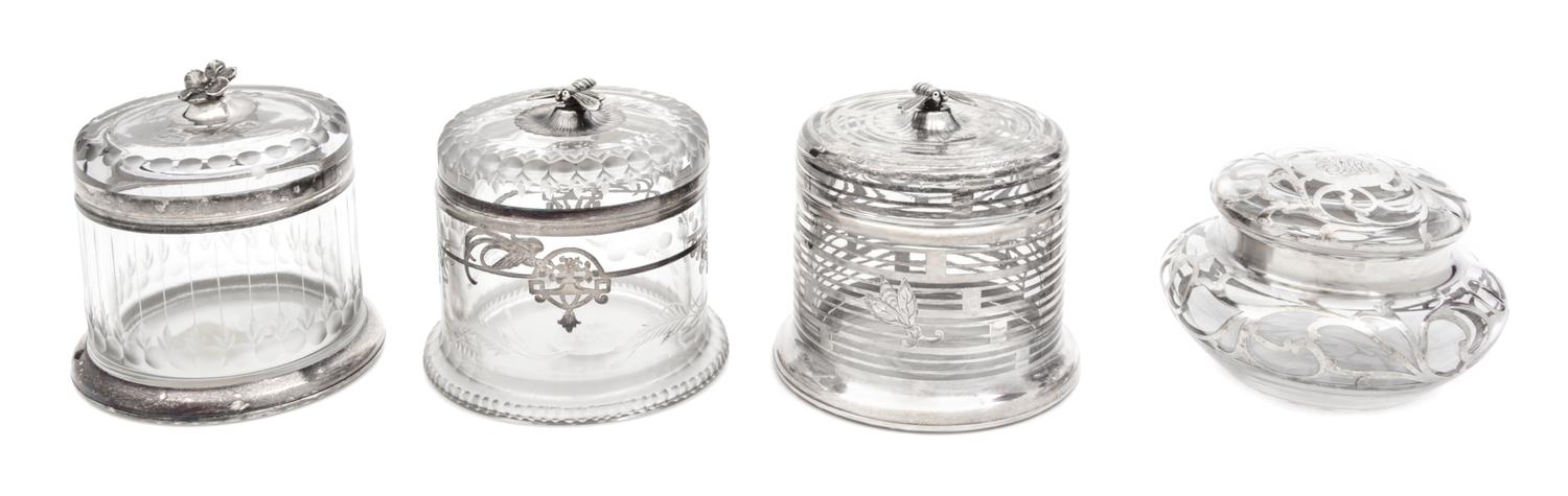 Four Silver Overlay Glass Covered Jars Height of tallest 3 5/8 inches.