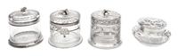 Four Silver Overlay Glass Covered Jars Height of tallest 3 5/8 inches.