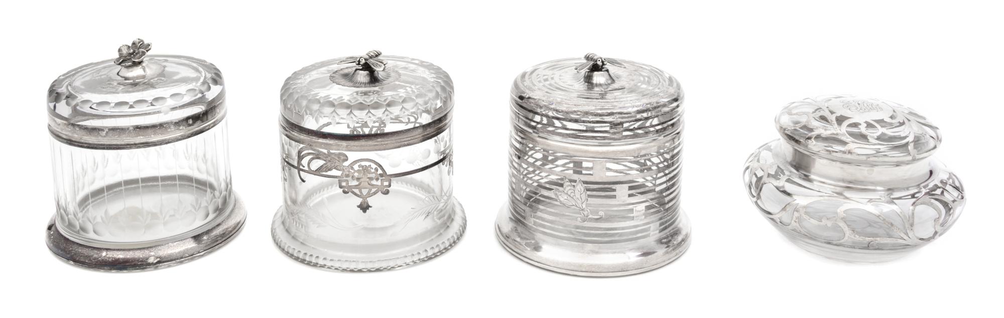 Four Silver Overlay Glass Covered Jars Height of tallest 3 5/8 inches.