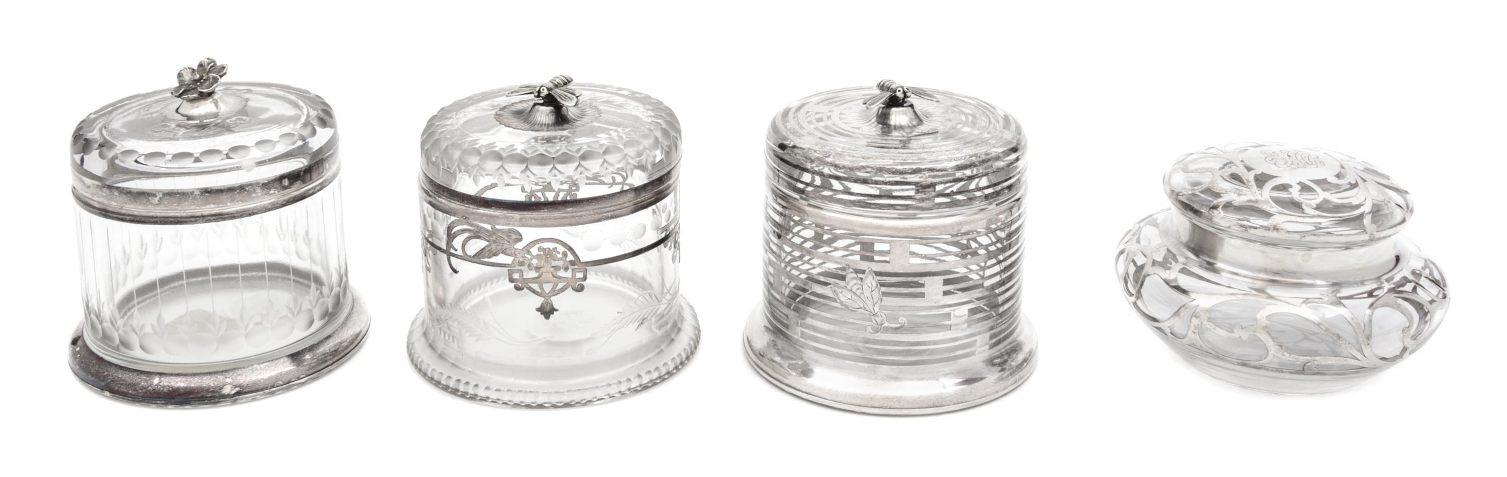Four Silver Overlay Glass Covered Jars Height of tallest 3 5/8 inches.