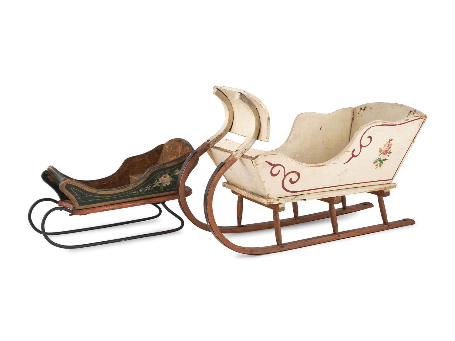 Two Diminutive Paint Decorated Sleds