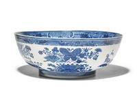 A Large Chinese Export Porcelain Blue Fitzhugh Armorial Punch Bowl Bearing the Roberts Crest