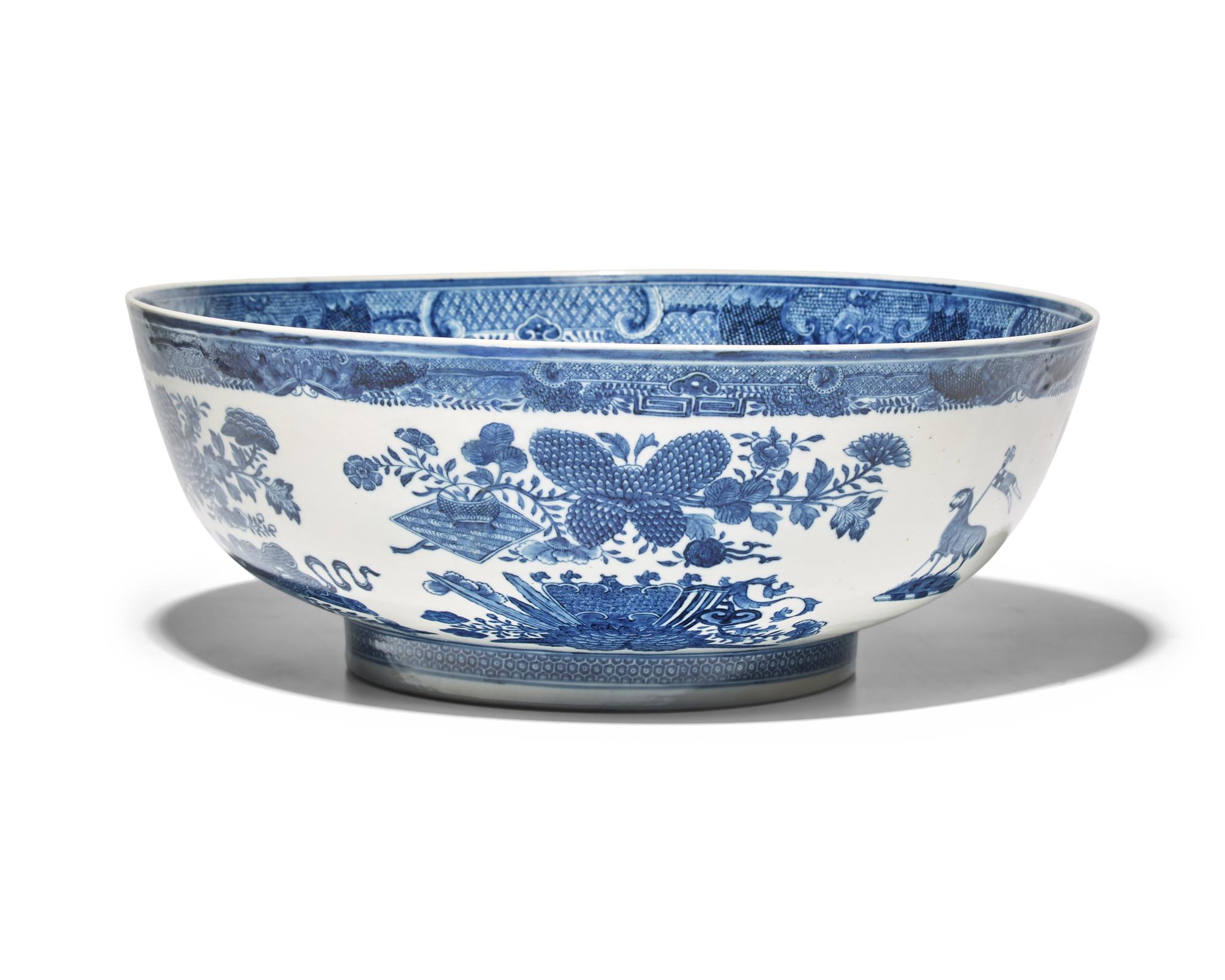 A Large Chinese Export Porcelain Blue Fitzhugh Armorial Punch Bowl Bearing the Roberts Crest