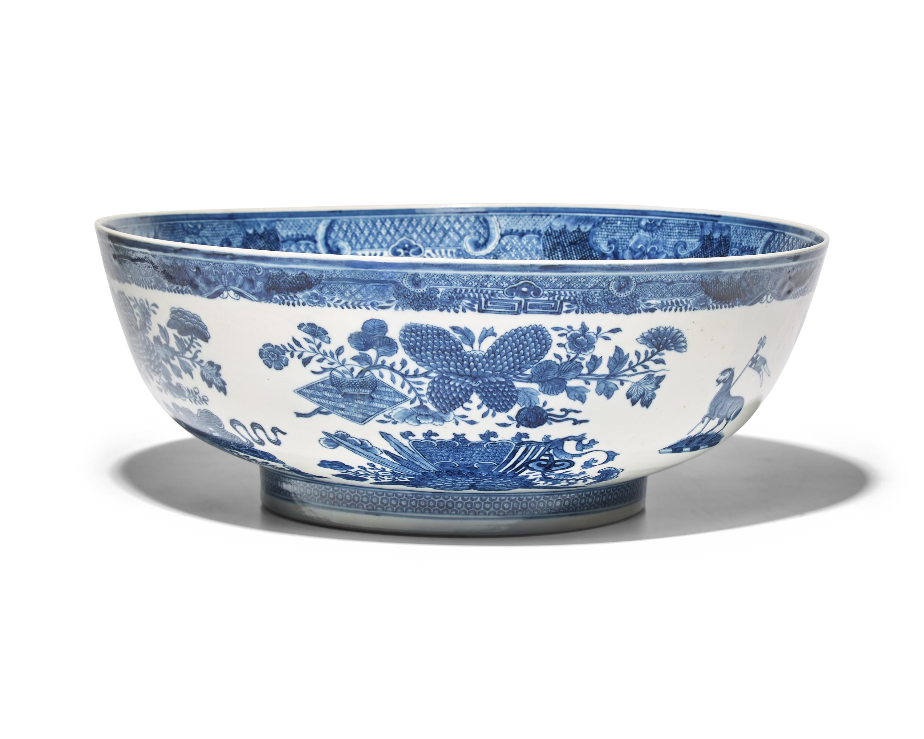 A Large Chinese Export Porcelain Blue Fitzhugh Armorial Punch Bowl Bearing the Roberts Crest