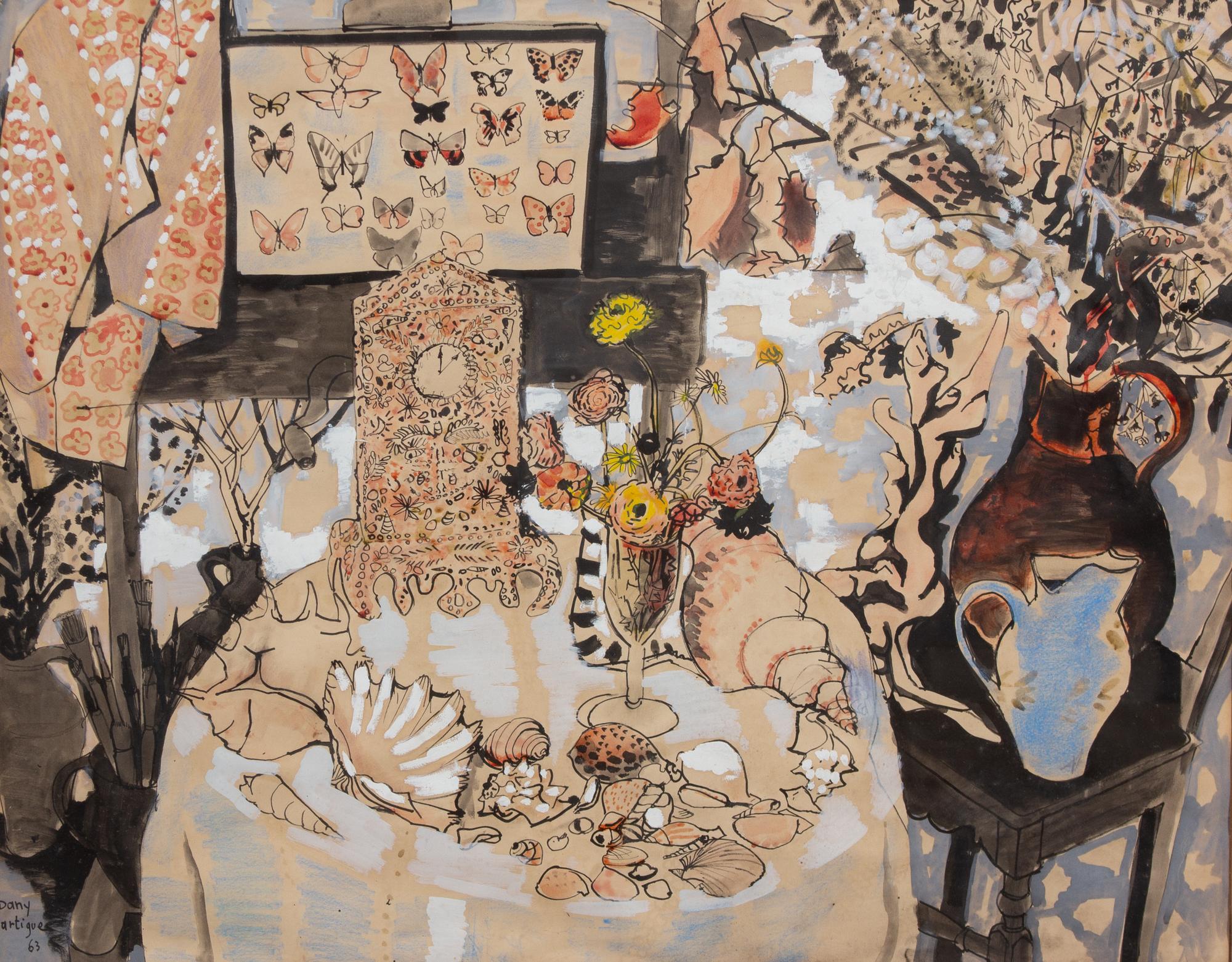 Dany Lartigue, (French, b. 1921), Interior with Shells and a Vase of Flowers on Table, 1963