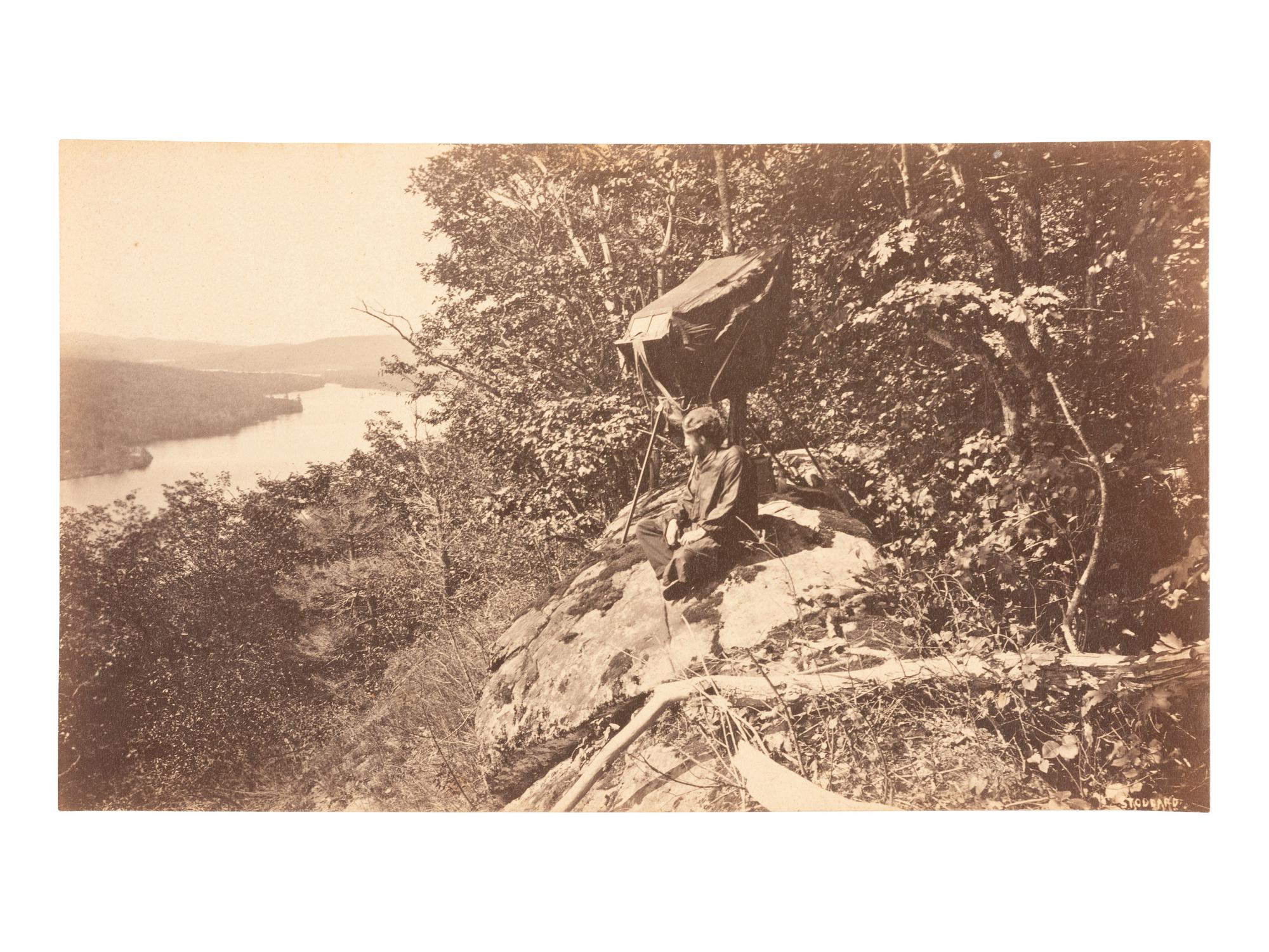 [EARLY PHOTO]. Photograph of Seneca Ray Stoddard with his stereoview camera. [ With: ] 6 stereoviews.