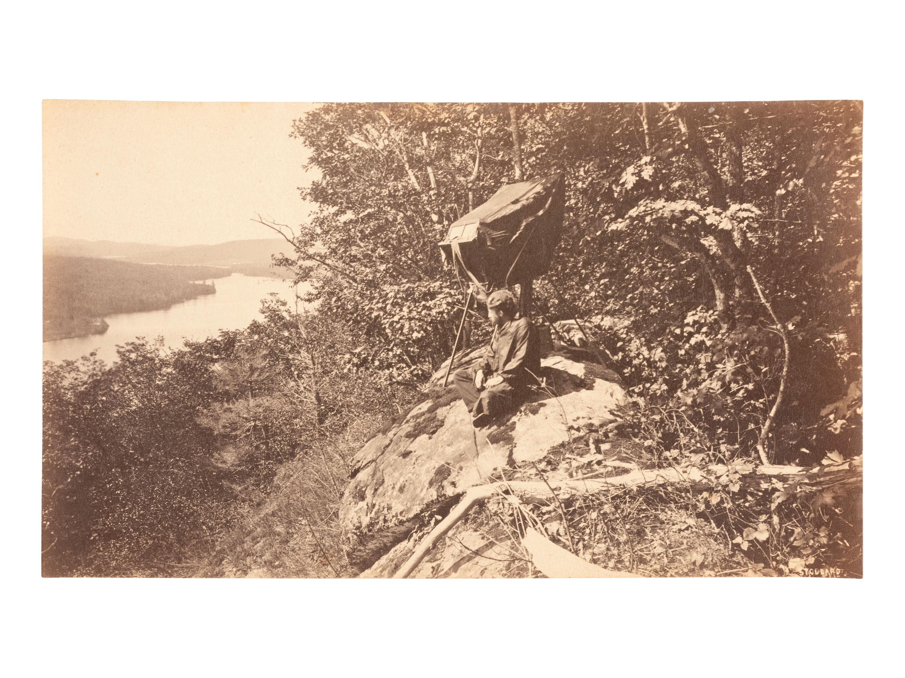 [EARLY PHOTO]. Photograph of Seneca Ray Stoddard with his stereoview camera. [ With: ] 6 stereoviews.