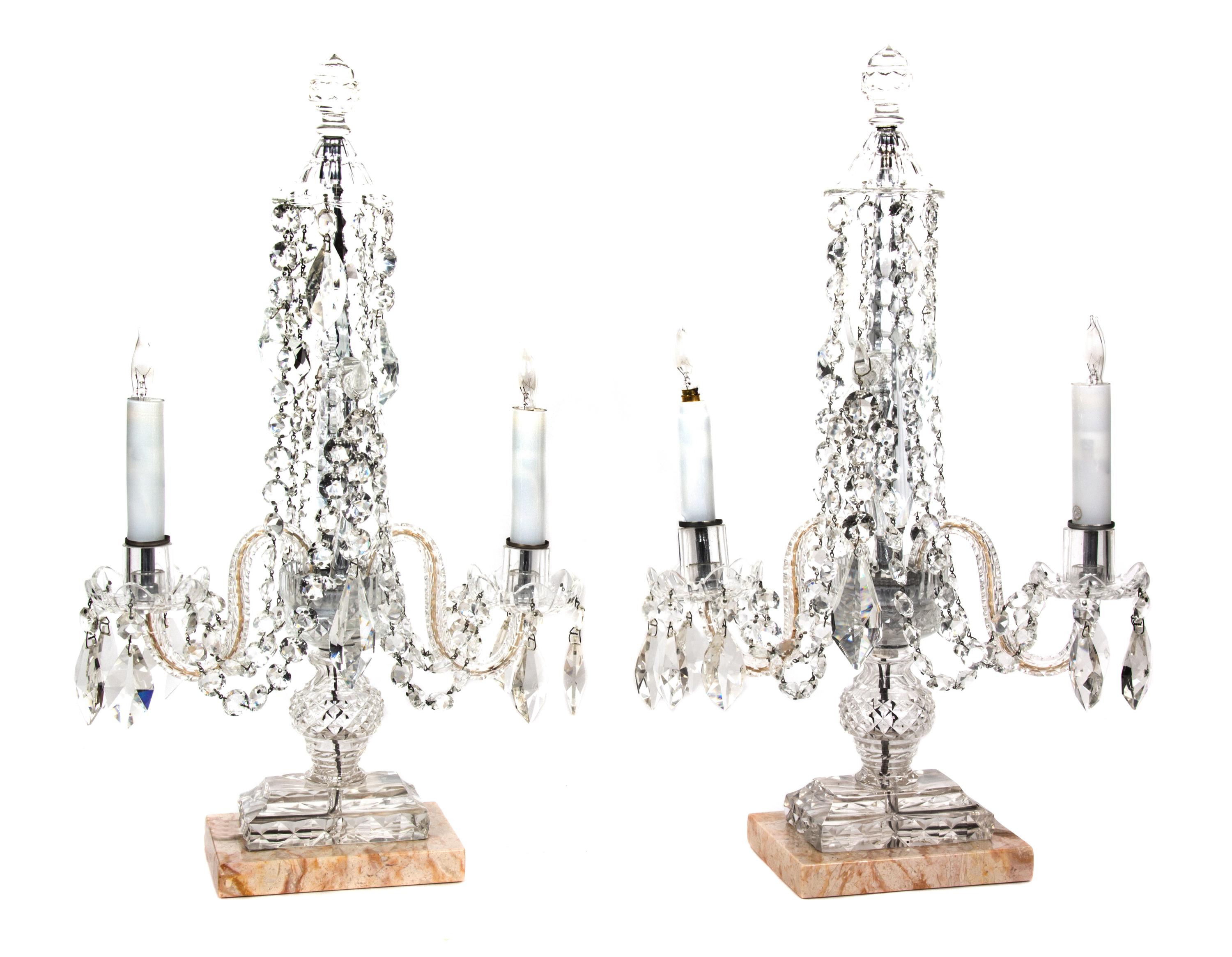 A Pair of Cut Glass Two-Light Candelabra Height 23 3/4 inches. — 19TH CENTURY