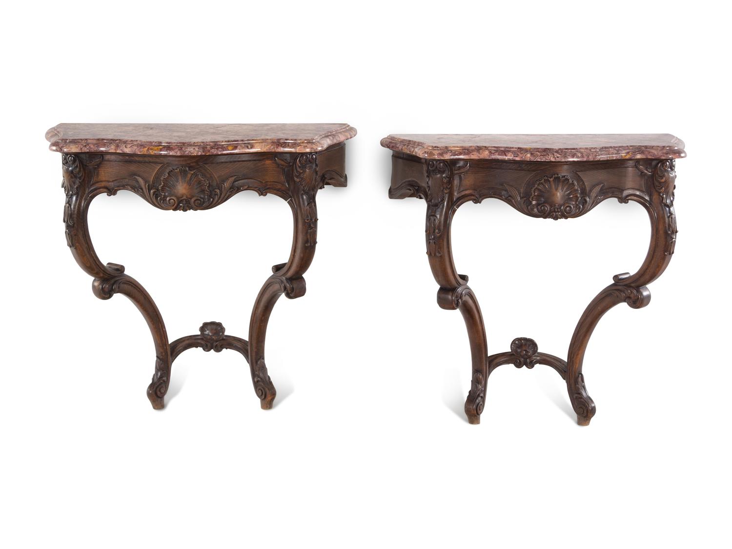 A Pair of Louis XV Style Walnut Marble-Top Console Tables