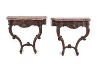A Pair of Louis XV Style Walnut Marble-Top Console Tables
