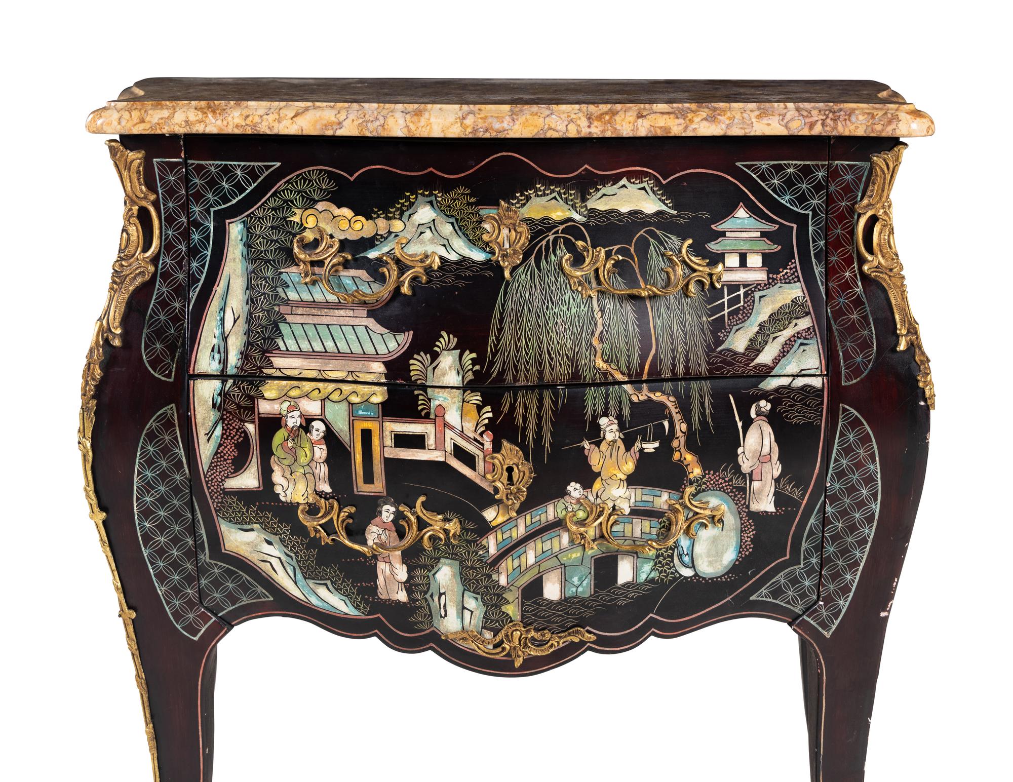 A Louis XVI Style Gilt Metal Mounted Lacquered Marble-Top Commode