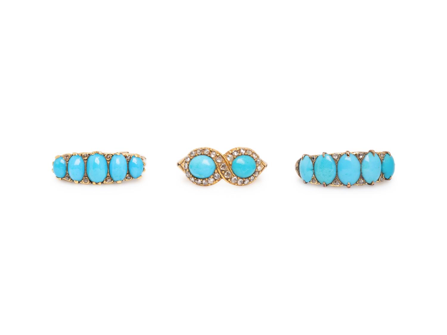 THREE TURQUOISE, DIAMOND, AND YELLOW GOLD RINGS
