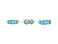 THREE TURQUOISE, DIAMOND, AND YELLOW GOLD RINGS