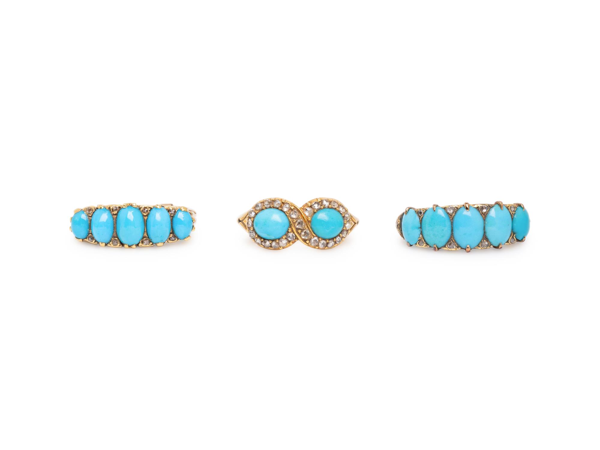 THREE TURQUOISE, DIAMOND, AND YELLOW GOLD RINGS