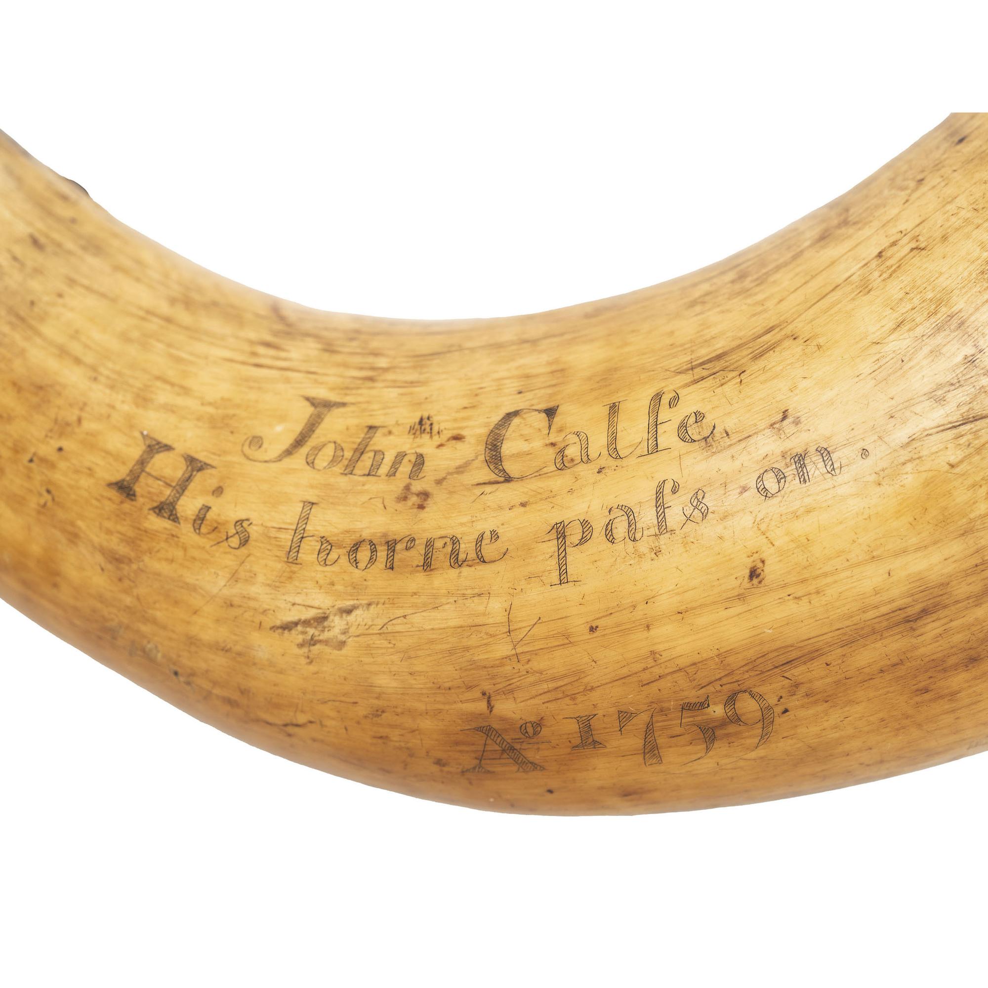 Carved Siege of Quebec Artillery Priming Horn of John Calfe Dated 1759