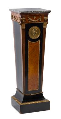 A Continental Neoclassical Gilt Metal Mounted Burl Walnut and Ebony Pedestal, Height 44 1/2 x width 14 x depth 14 inches.