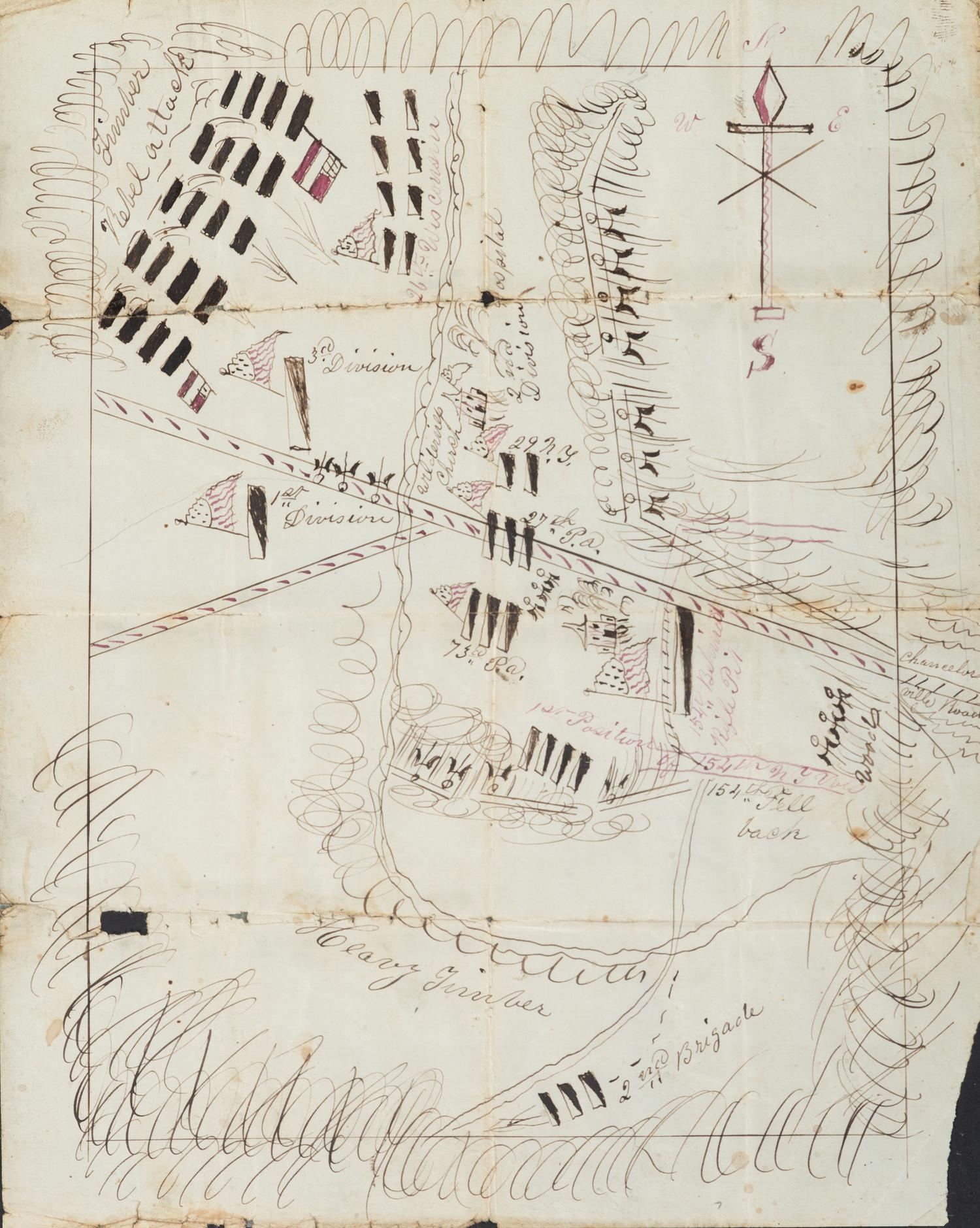 [CIVIL WAR]. Hand-drawn map showing the defeat of the XI Corps by the flanking march of Stonewall Jackson's at the Battle of Chancellorsville. [Chancellorsville, VA], [1863].