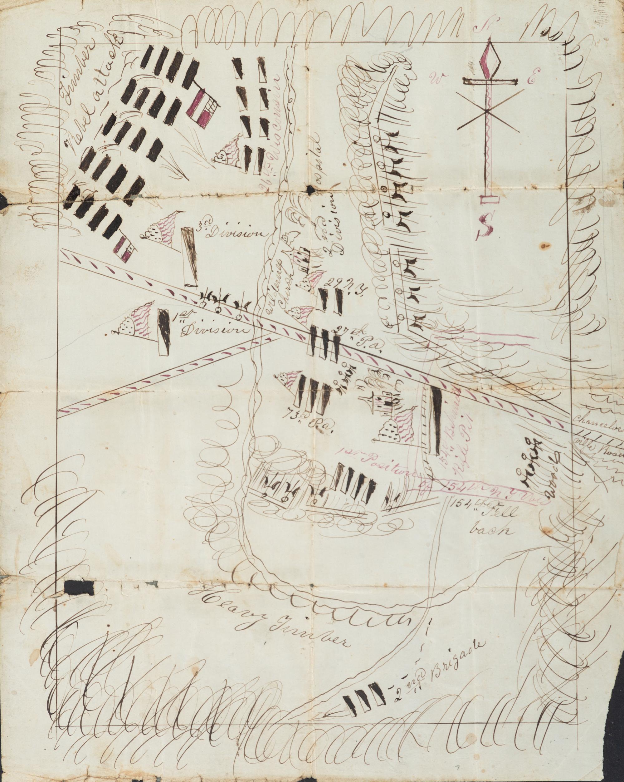 [CIVIL WAR]. Hand-drawn map showing the defeat of the XI Corps by the flanking march of Stonewall Jackson's at the Battle of Chancellorsville. [Chancellorsville, VA], [1863].