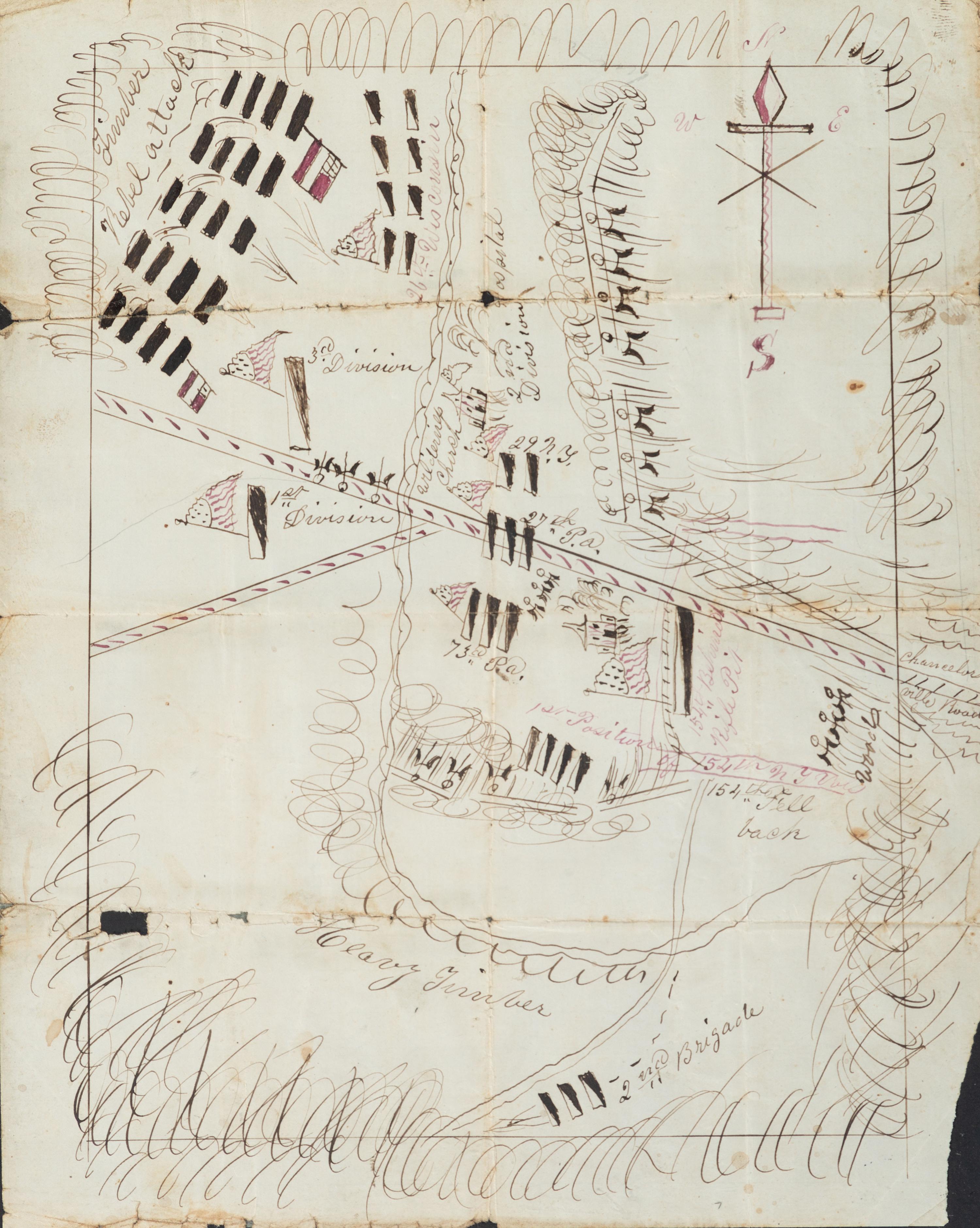[CIVIL WAR]. Hand-drawn map showing the defeat of the XI Corps by the flanking march of Stonewall Jackson's at the Battle of Chancellorsville. [Chancellorsville, VA], [1863].