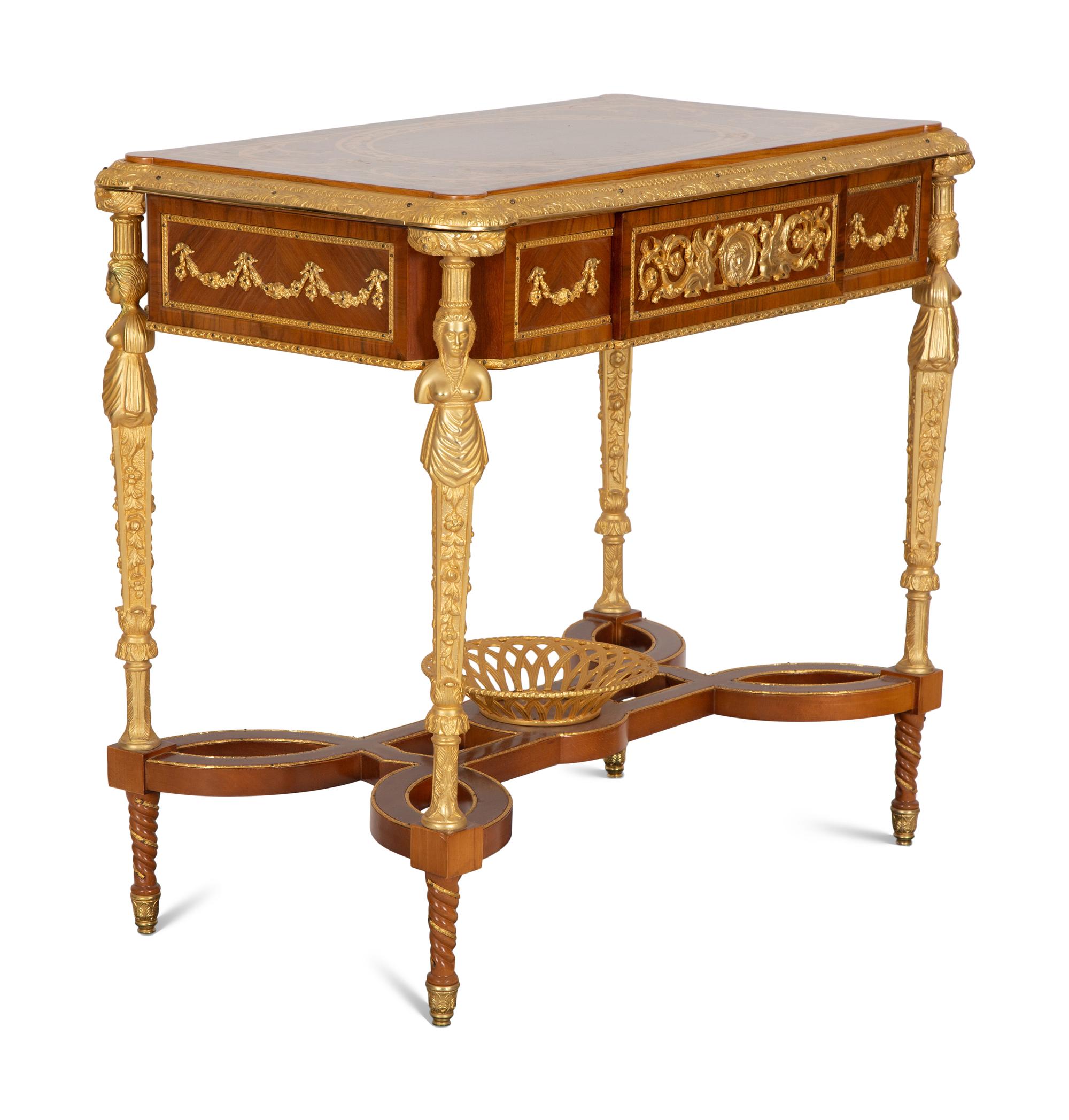 A Louis XVI Style Gilt Bronze Mounted Marquetry Table After the Model by Adam Weisweiler