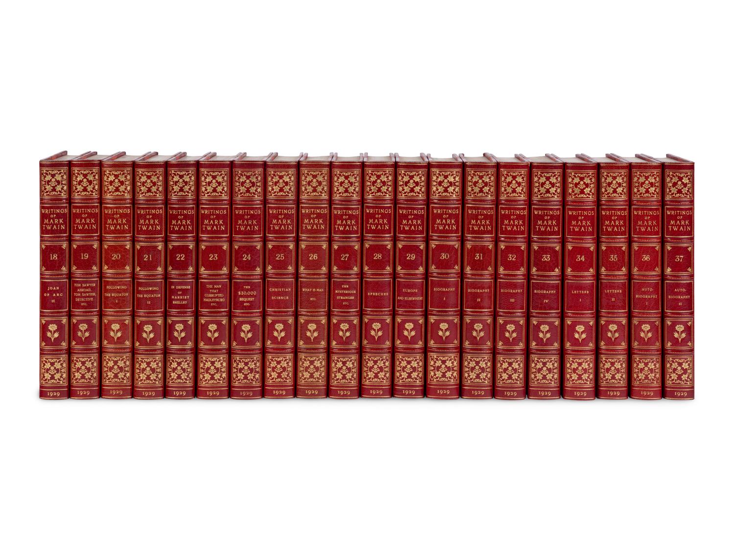 [BINDINGS]. CLEMENS, Samuel Langhorne ("Mark Twain") (1835-1910). The Writings . New York and London: Harper & Brothers, 1929.