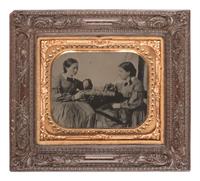 [EARLY PHOTOGRAPHY]. Sixth plate tintype of identified women engaged in a game of checkers. Ca 1863.