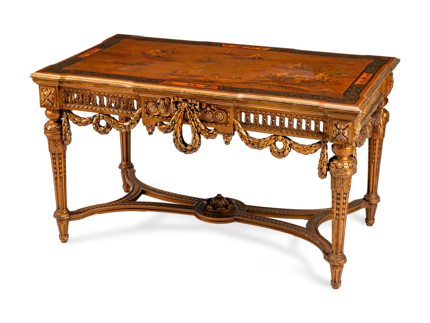 A Louis XVI Style Red Japanned Giltwood Salon Table — LATE 19TH/EARLY 20TH CENTURY
