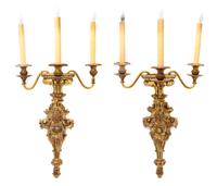 A Pair of Neoclassical Giltwood Three-Light Sconces, Height 30 inches.
