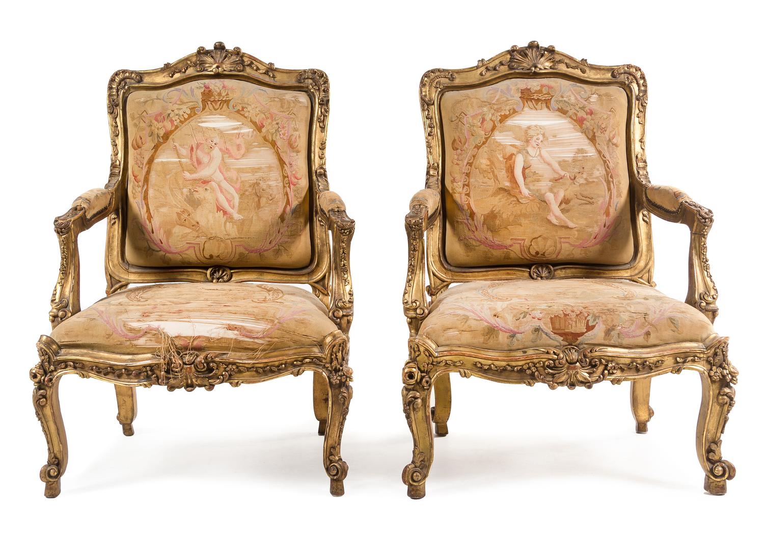A Pair of Louis XV Style Giltwood Fauteuils Height 42 1/2 inches. — LATE 19TH CENTURY