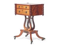 A Federal Mahogany and Figured Maple Lyre Base Sewing Table, Baltimore, MD, Circa 1810