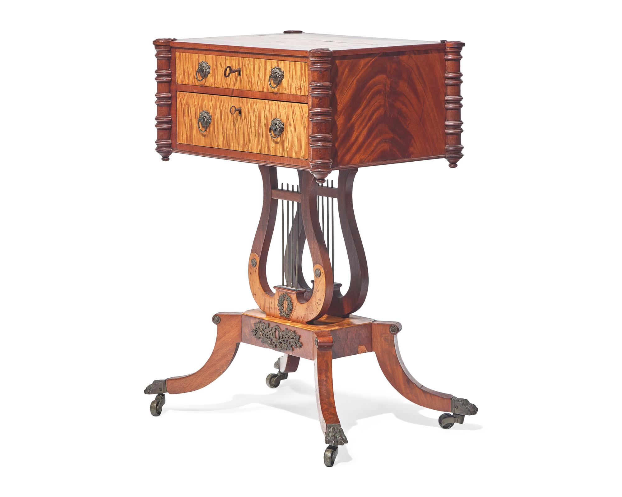 A Federal Mahogany and Figured Maple Lyre Base Sewing Table, Baltimore, MD, Circa 1810