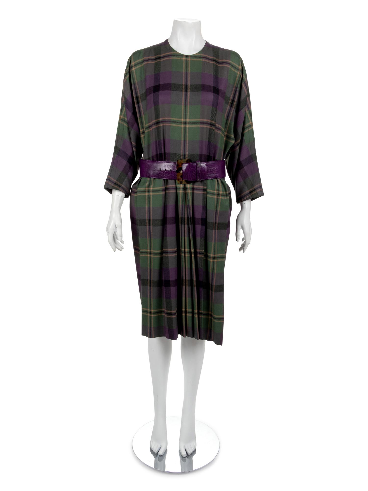 Adele Simpson Purple Tartan Wool Coat, Dress, Belt, Scarf, 1980s