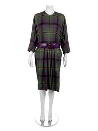 Adele Simpson Purple Tartan Wool Coat, Dress, Belt, Scarf, 1980s