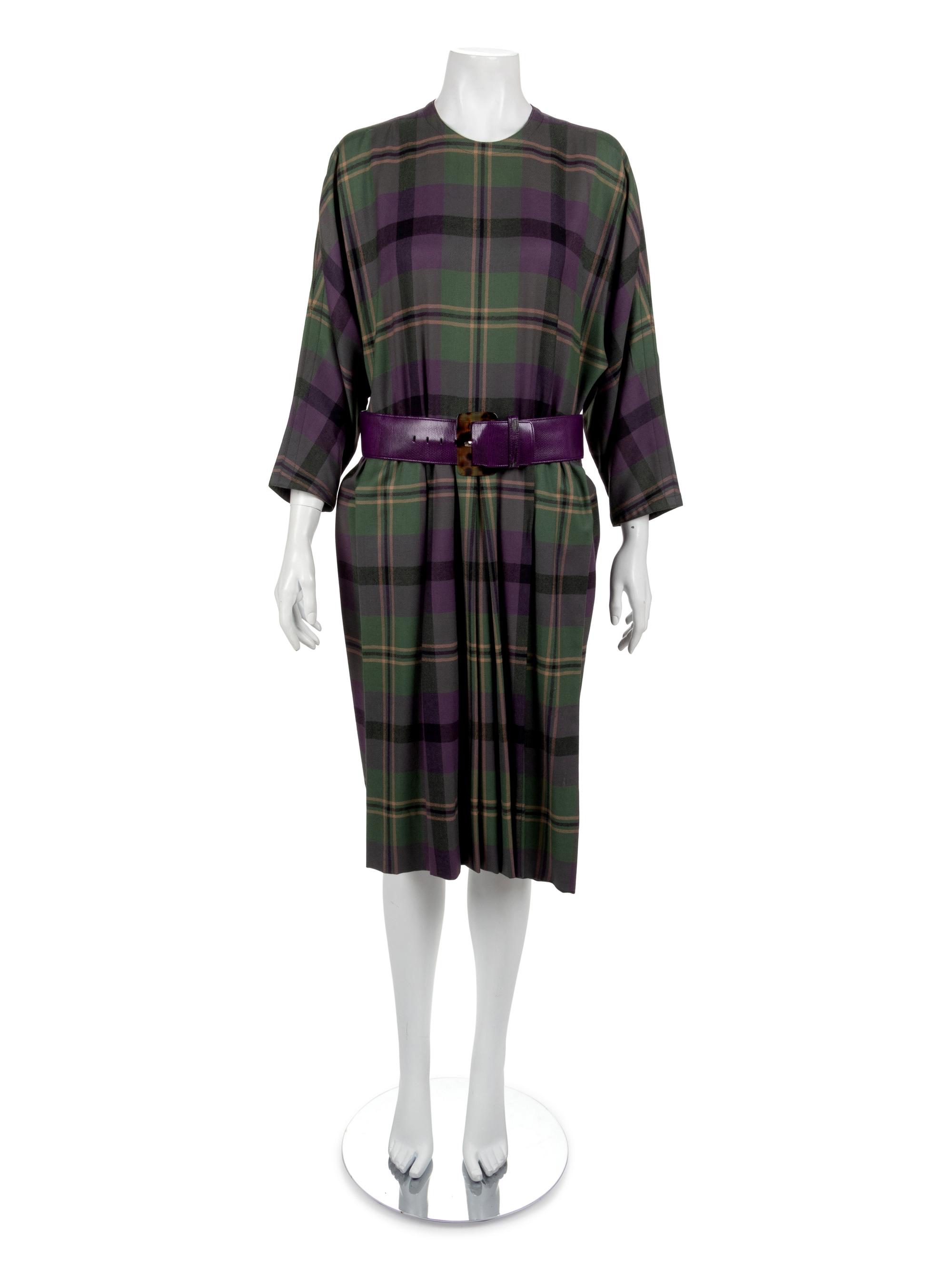 Adele Simpson Purple Tartan Wool Coat, Dress, Belt, Scarf, 1980s