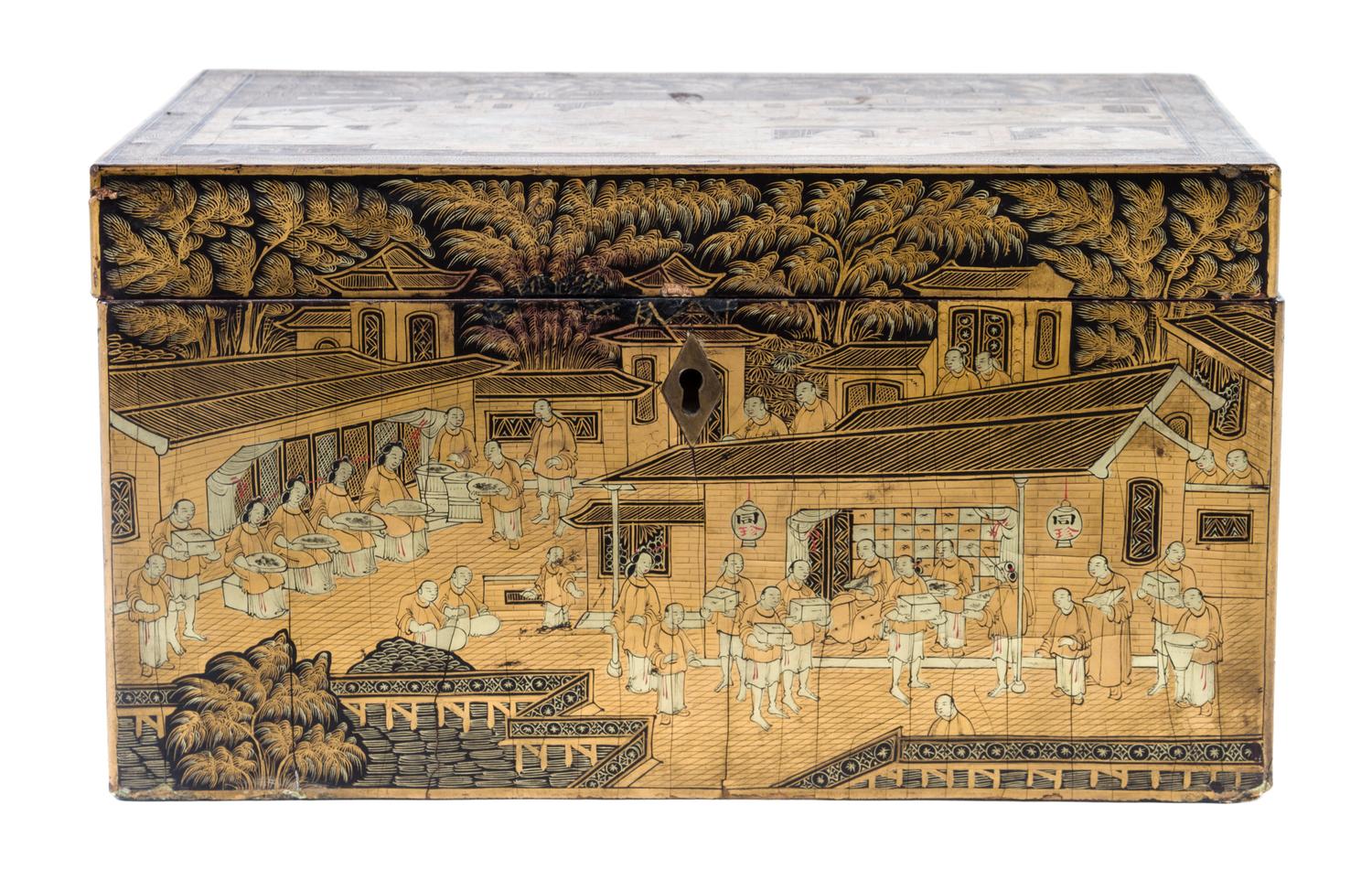 A Chinese Export Lacquered Tea Caddy Height 5 1/8 x width 10 1/4 x depth 7 1/2 inches. — 19TH CENTURY