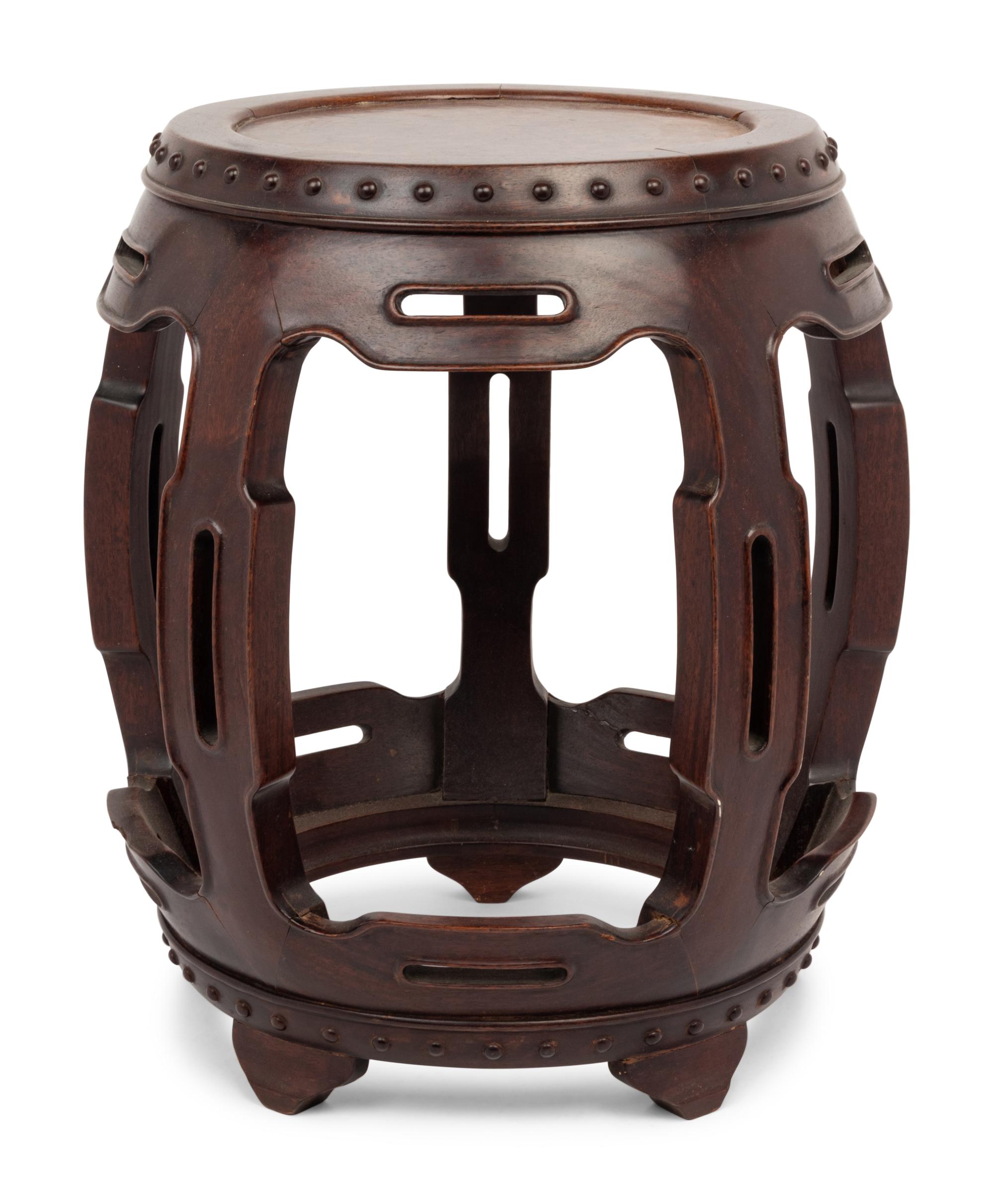 A Chinese Burlwood Inset Hardwood Drum Stool
