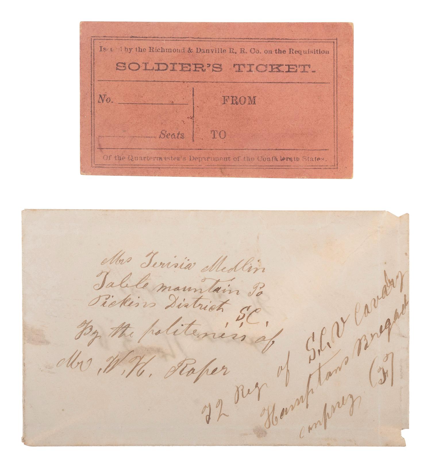 [CIVIL WAR -- CONFEDERACY]. A cover to the 2nd South Carolina Cavalry, "Hampton's Brigade" with an unused Soldier's Ticket.