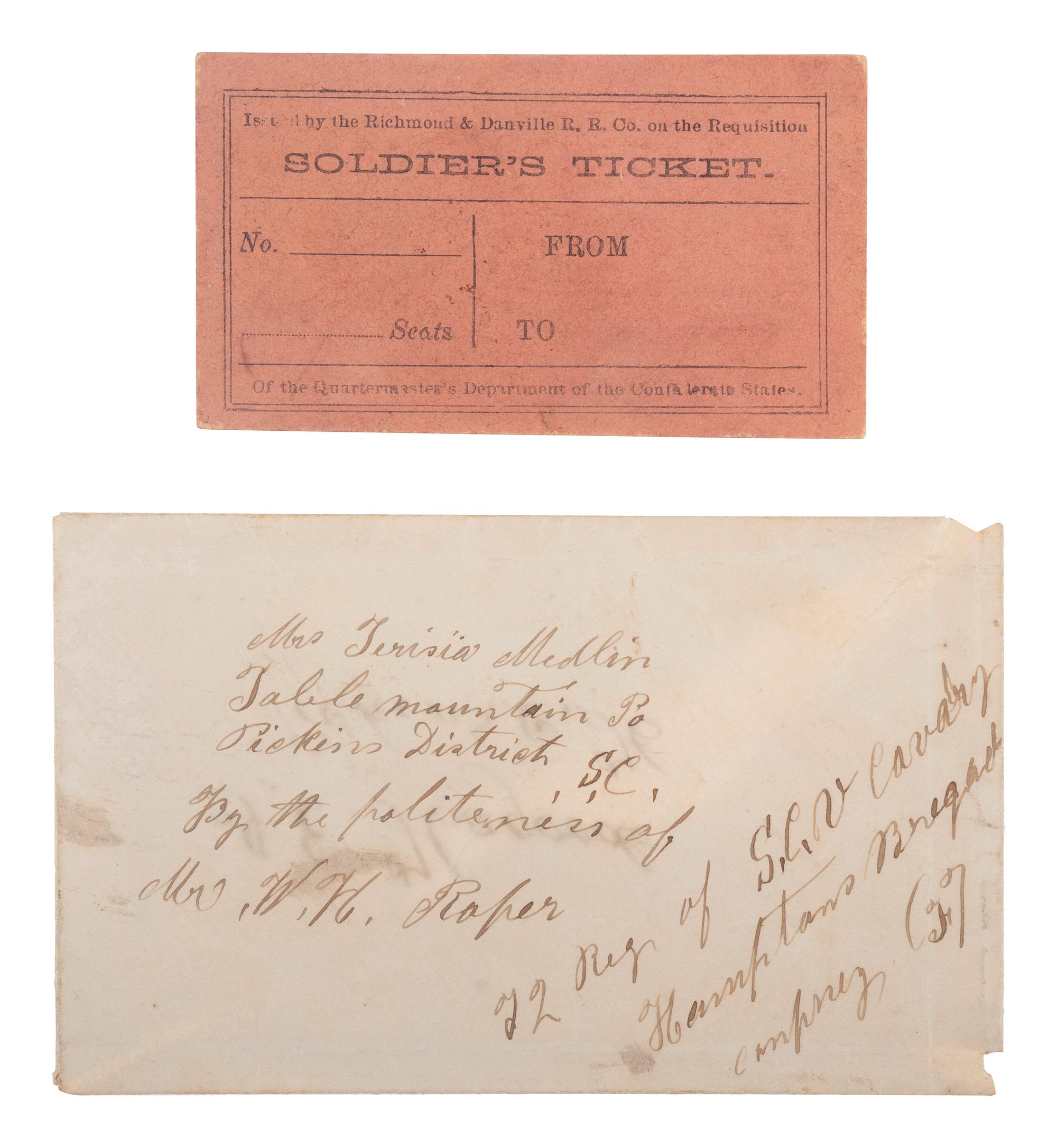 [CIVIL WAR -- CONFEDERACY]. A cover to the 2nd South Carolina Cavalry, "Hampton's Brigade" with an unused Soldier's Ticket.